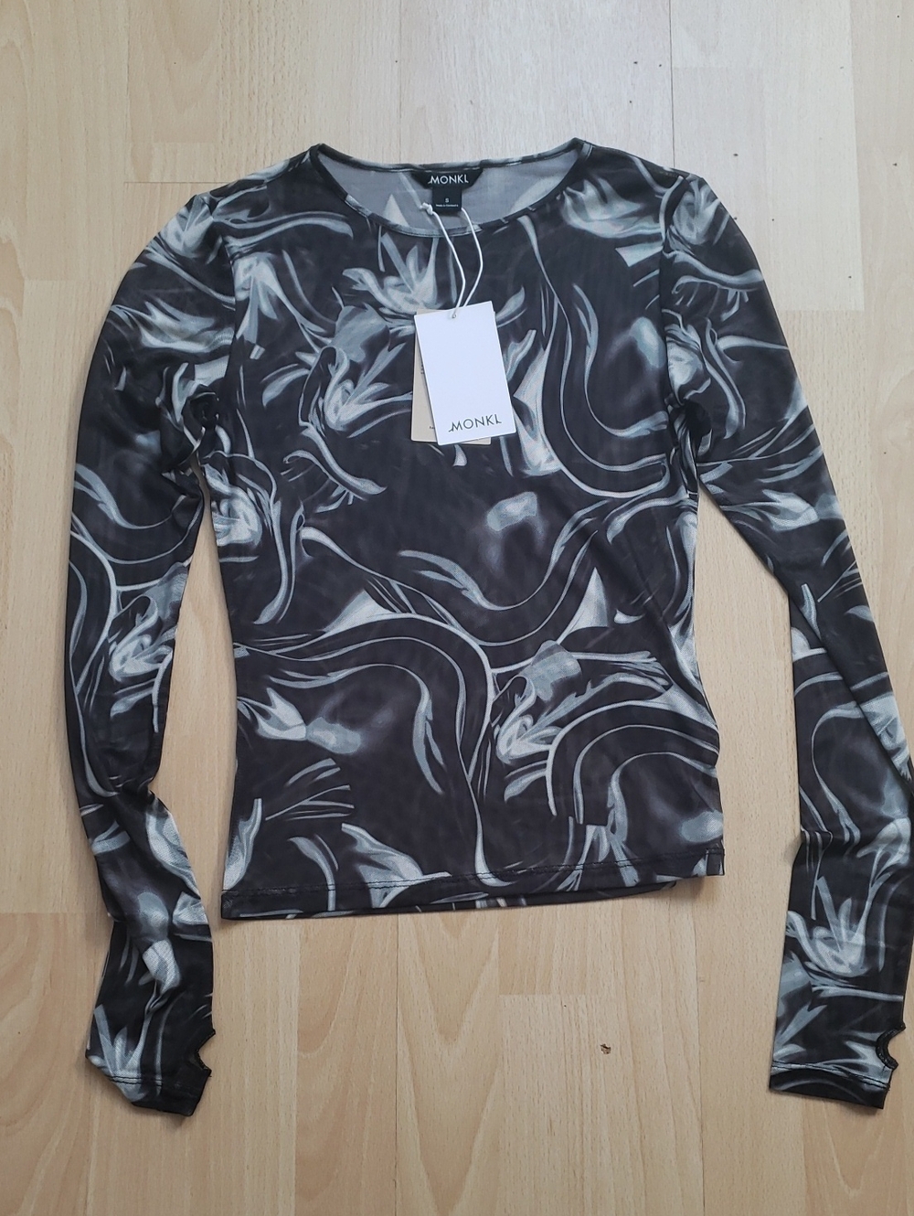 Monki Black & White Swirl Long Sleeve Sheer Top Size S